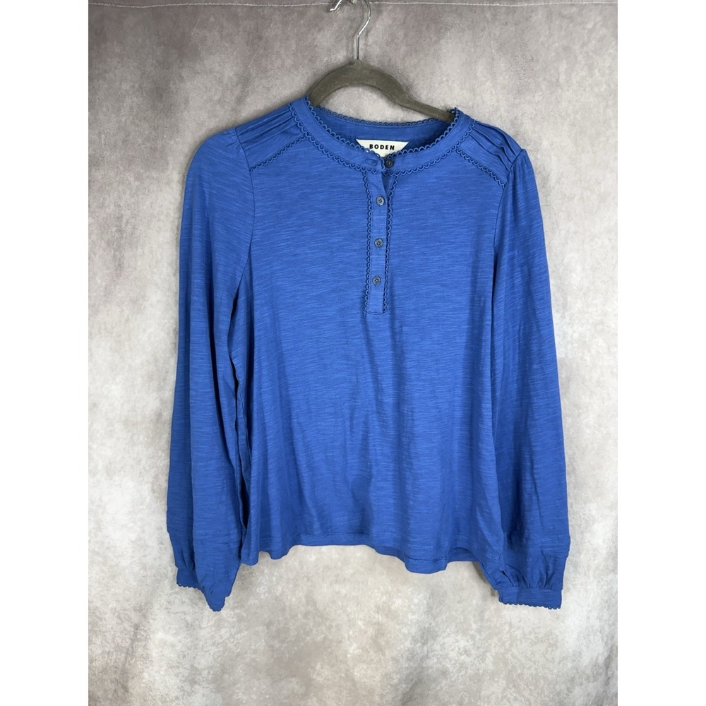 Boden Scallop Embroidered Trim Henley Long Sleeve Tee In Blue Women's Size US 12